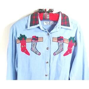 Signature by Northern Isle Christmas Shirt Women's Size 10 Blue Chambray Vintage